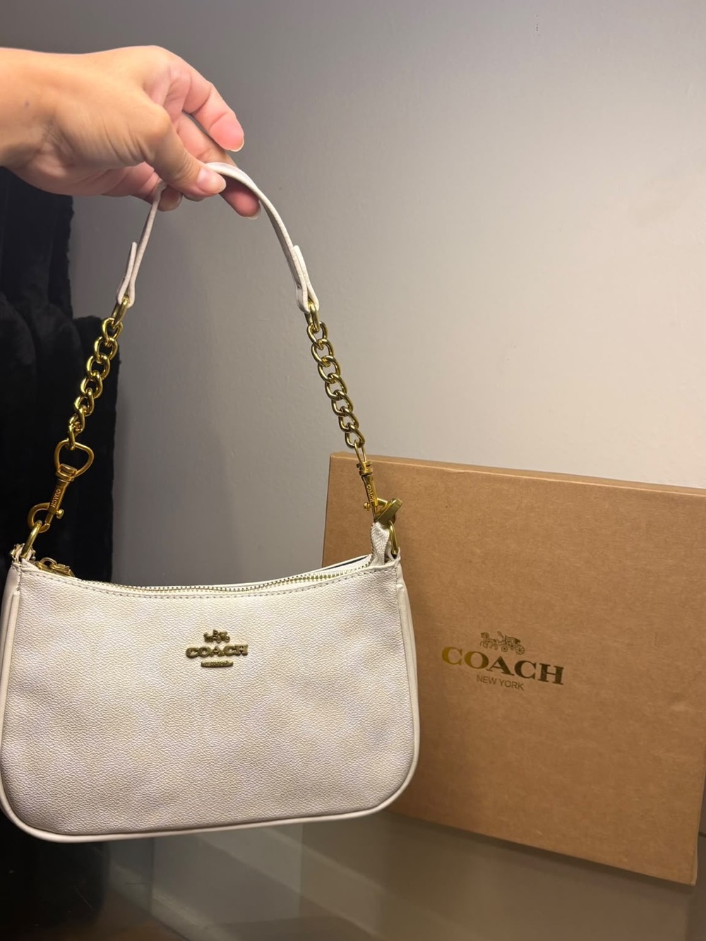 Coach White Pebbled Leather Shoulder Bag with Gold Chain Strap